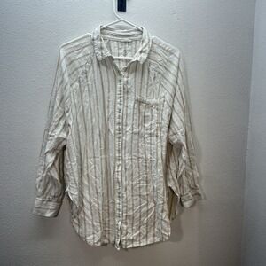 Aerie Linen Blend Oversized Button Up Tunic Shirt Womens M Cream Tan Striped